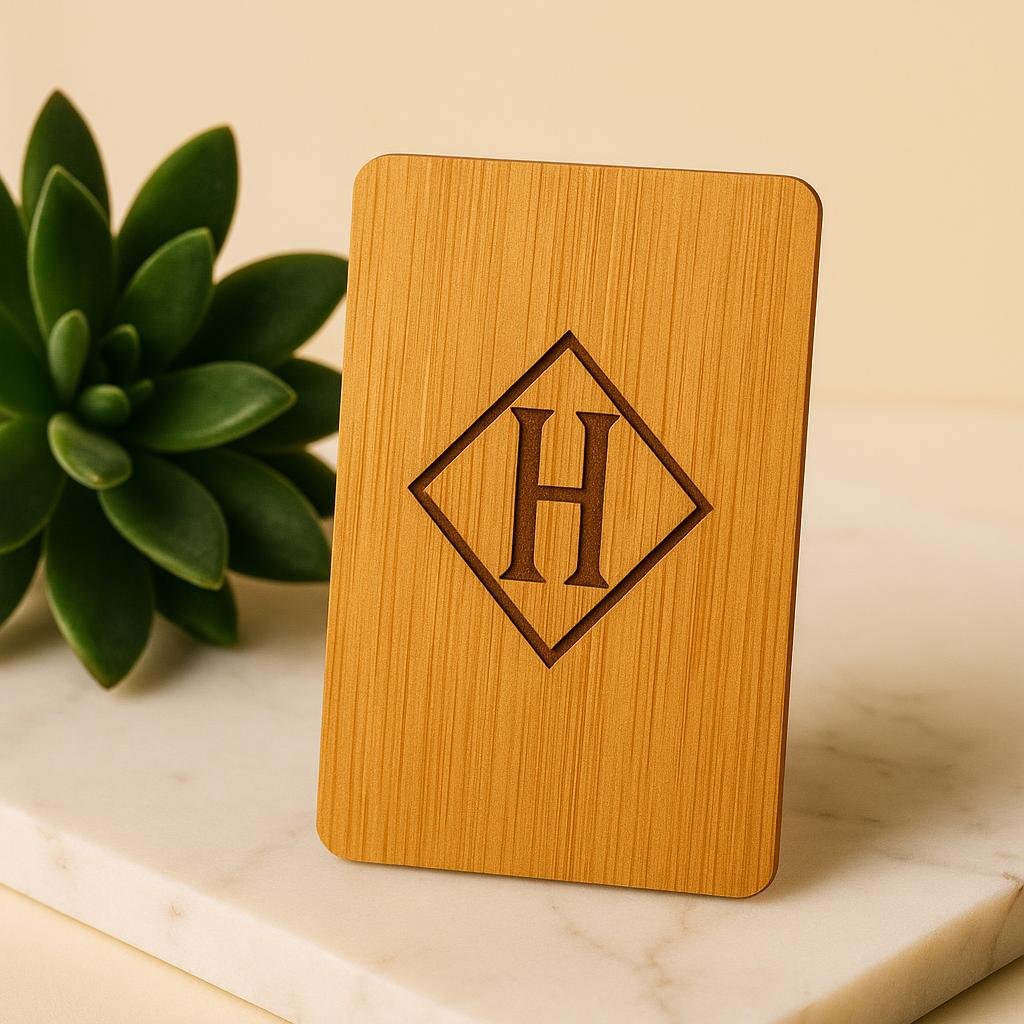 Bamboo wood hotel key card with laser-engraved hotel logo