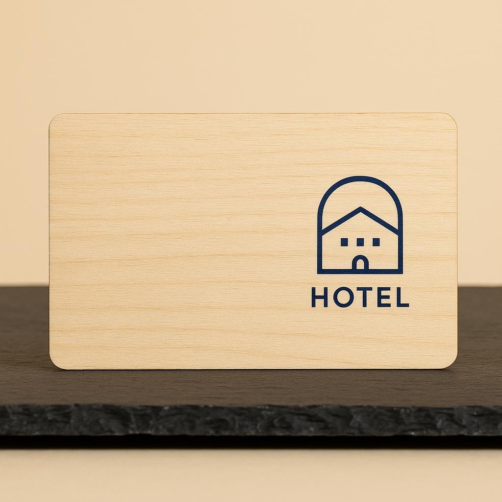 Birch wood hotel key card with UV-printed design