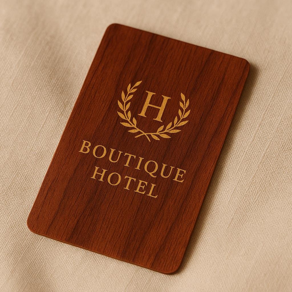 Cherry wood hotel key card with gold laser-engraved custom branding