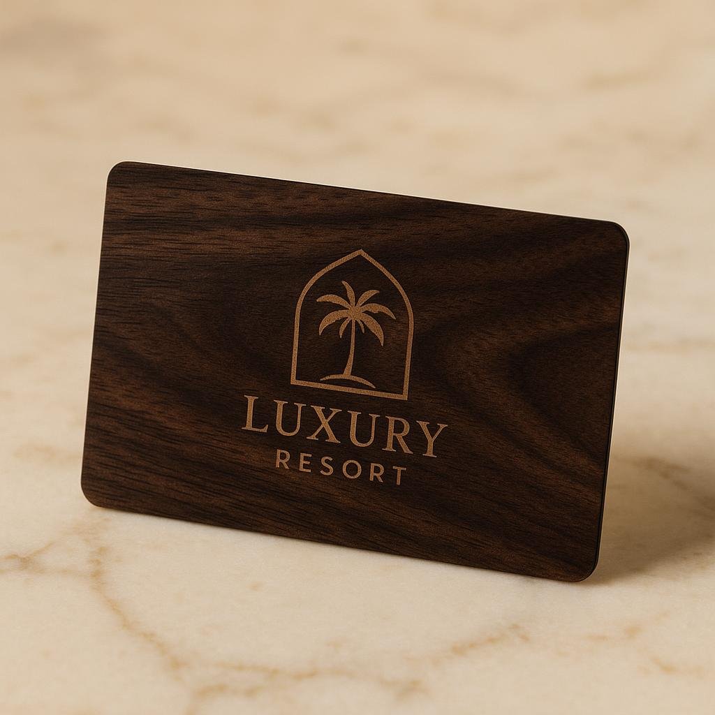 Black walnut hotel key card with elegant branding